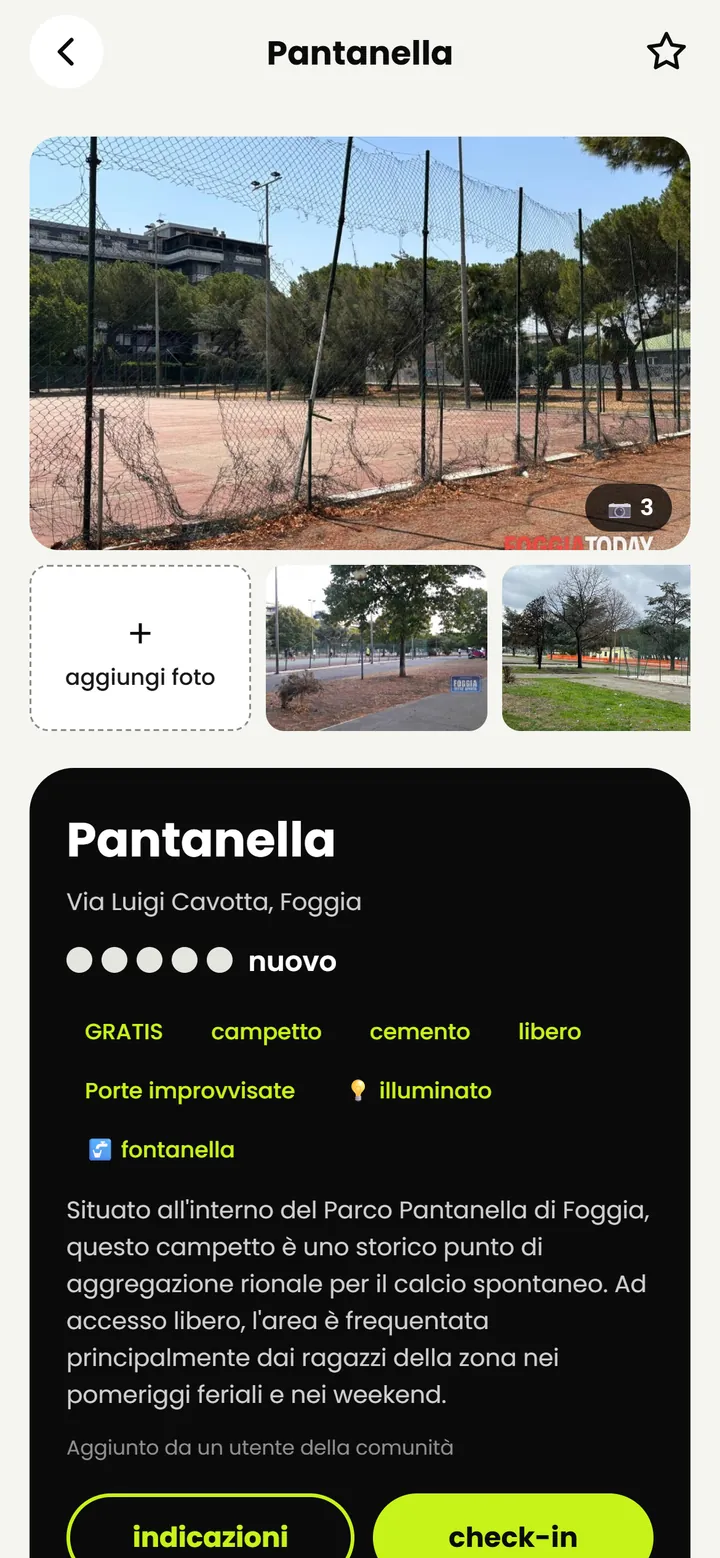 Scheda del campo Pantanella a Foggia: foto, superficie in cemento, illuminato, fontanella, indicazioni e check-in