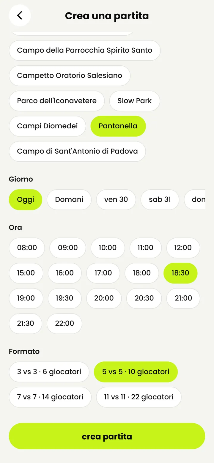 Crea una partita di calcio: campo Pantanella, oggi alle 18:30, formato 5 contro 5